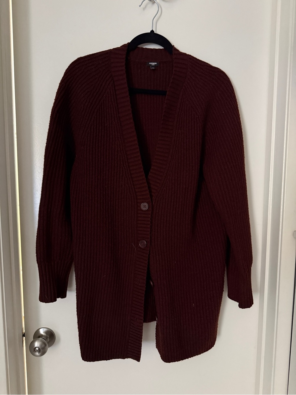 Express Ribbed Knit Cardigan in Rust - Picture 1 of 3